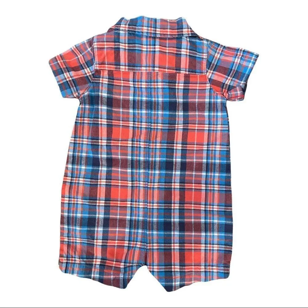 𝅺carter’s Boys 6M Plaid One Piece Orange and Blue Plaid Short-alls